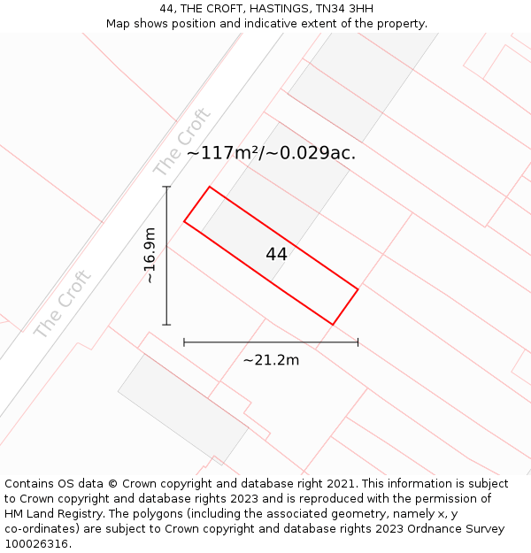 44, THE CROFT, HASTINGS, TN34 3HH: Plot and title map