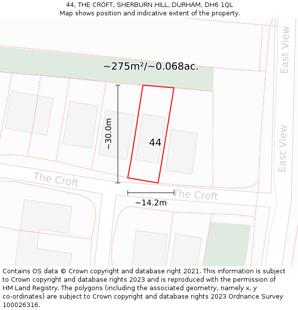 44, THE CROFT, SHERBURN HILL, DURHAM, DH6 1QL: Plot and title map