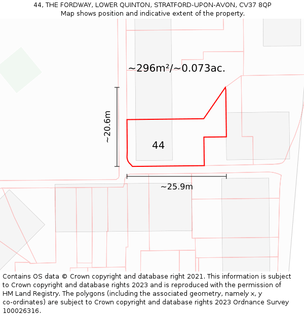 44, THE FORDWAY, LOWER QUINTON, STRATFORD-UPON-AVON, CV37 8QP: Plot and title map