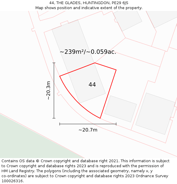 44, THE GLADES, HUNTINGDON, PE29 6JS: Plot and title map