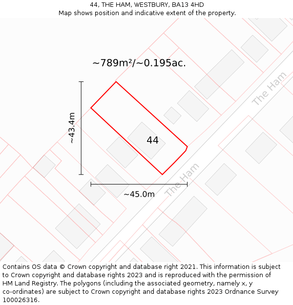44, THE HAM, WESTBURY, BA13 4HD: Plot and title map
