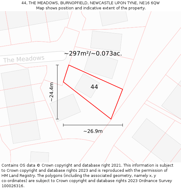 44, THE MEADOWS, BURNOPFIELD, NEWCASTLE UPON TYNE, NE16 6QW: Plot and title map