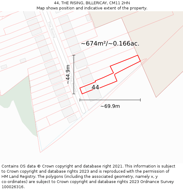 44, THE RISING, BILLERICAY, CM11 2HN: Plot and title map