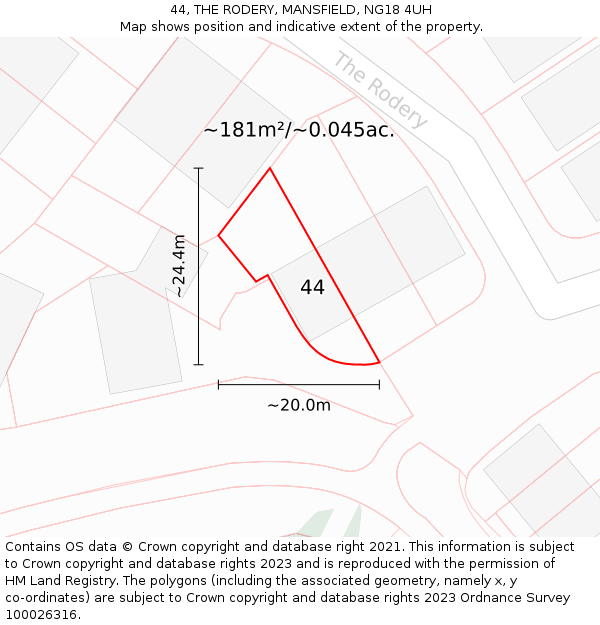 44, THE RODERY, MANSFIELD, NG18 4UH: Plot and title map