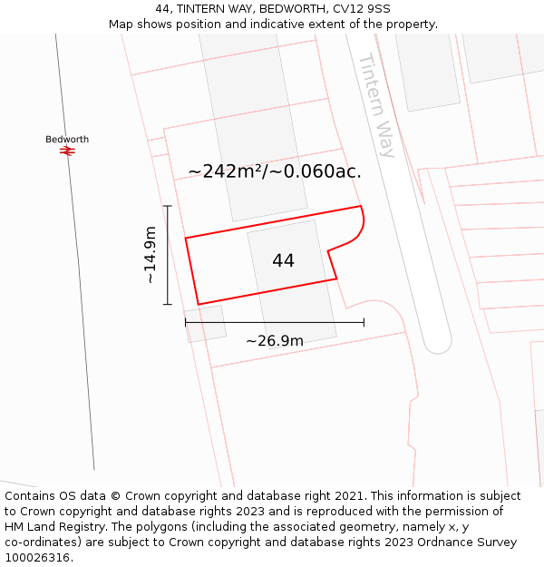 44, TINTERN WAY, BEDWORTH, CV12 9SS: Plot and title map