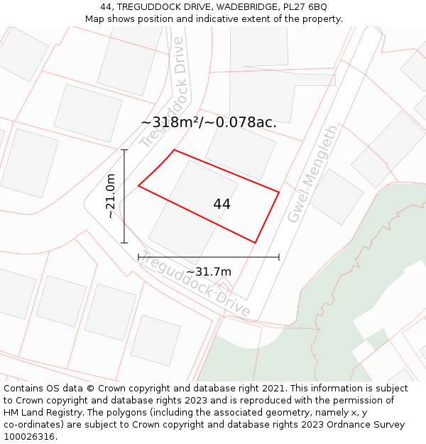 44, TREGUDDOCK DRIVE, WADEBRIDGE, PL27 6BQ: Plot and title map