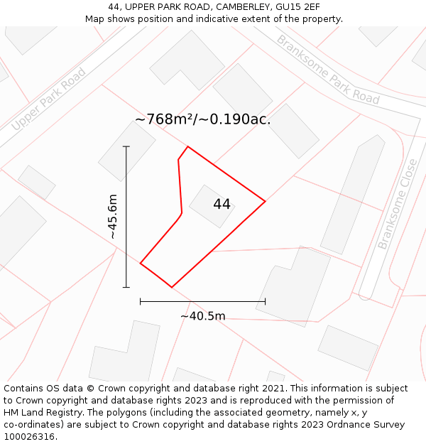 44, UPPER PARK ROAD, CAMBERLEY, GU15 2EF: Plot and title map