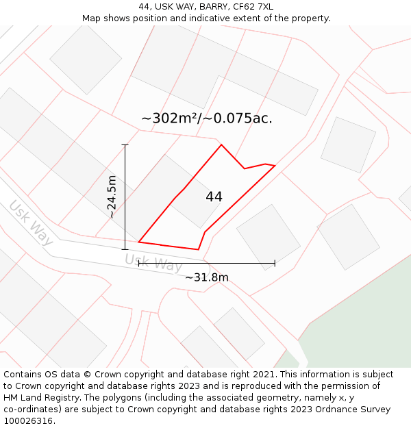 44, USK WAY, BARRY, CF62 7XL: Plot and title map