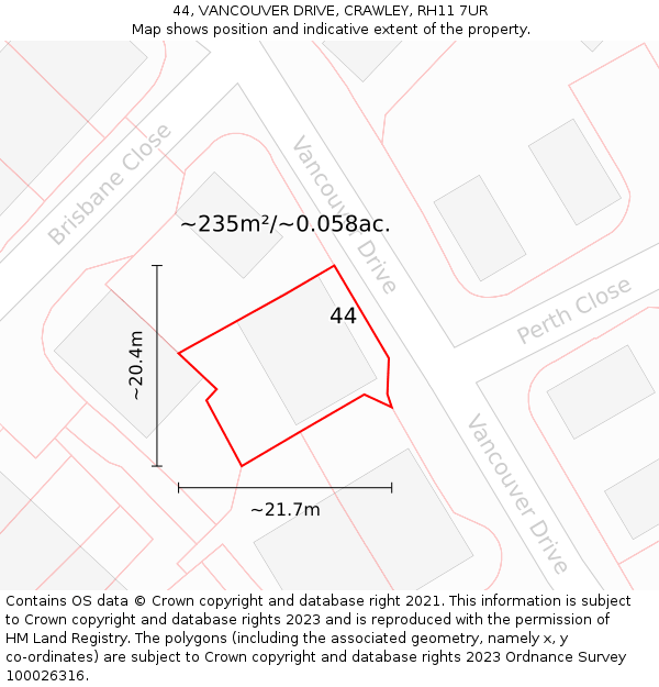 44, VANCOUVER DRIVE, CRAWLEY, RH11 7UR: Plot and title map