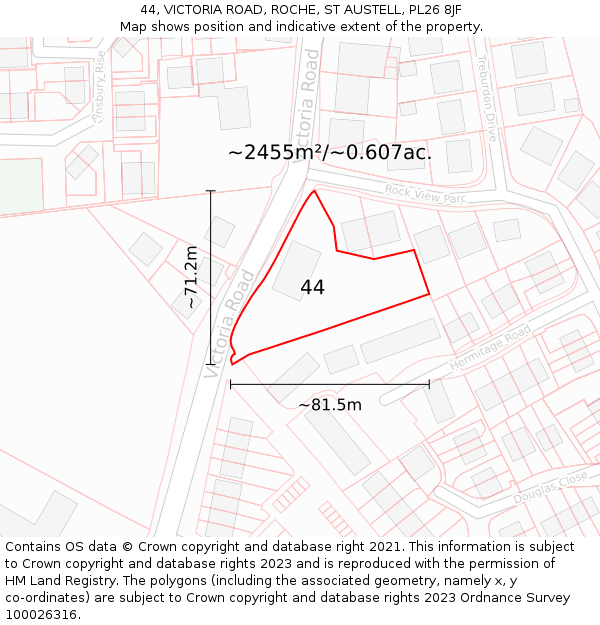 44, VICTORIA ROAD, ROCHE, ST AUSTELL, PL26 8JF: Plot and title map