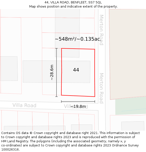 44, VILLA ROAD, BENFLEET, SS7 5QL: Plot and title map