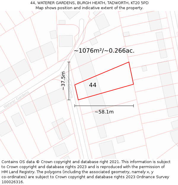 44, WATERER GARDENS, BURGH HEATH, TADWORTH, KT20 5PD: Plot and title map