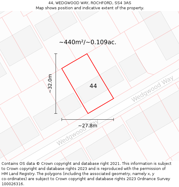 44, WEDGWOOD WAY, ROCHFORD, SS4 3AS: Plot and title map