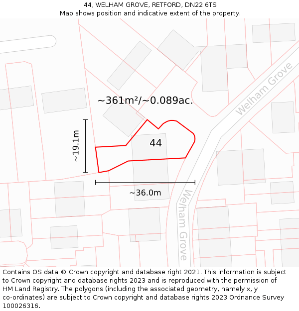 44, WELHAM GROVE, RETFORD, DN22 6TS: Plot and title map