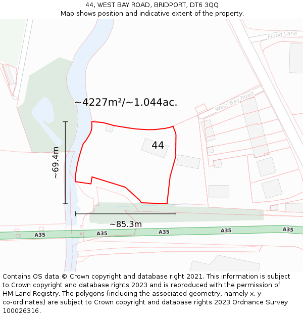 44, WEST BAY ROAD, BRIDPORT, DT6 3QQ: Plot and title map