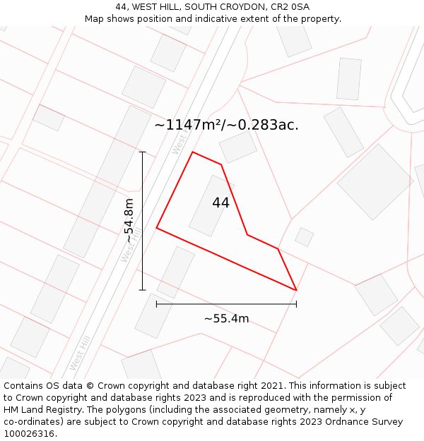 44, WEST HILL, SOUTH CROYDON, CR2 0SA: Plot and title map