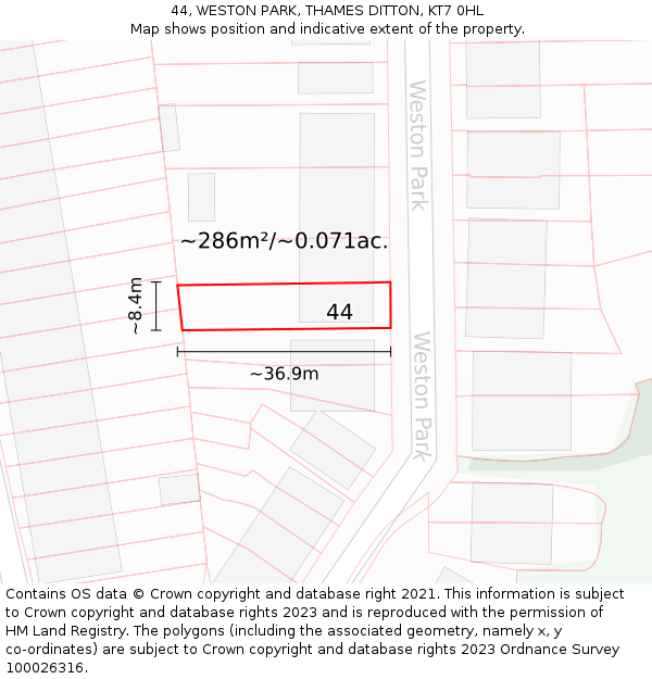 44, WESTON PARK, THAMES DITTON, KT7 0HL: Plot and title map