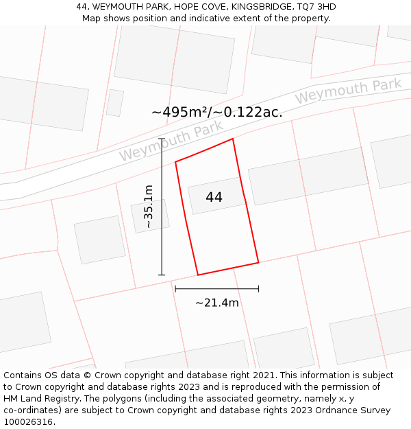 44, WEYMOUTH PARK, HOPE COVE, KINGSBRIDGE, TQ7 3HD: Plot and title map