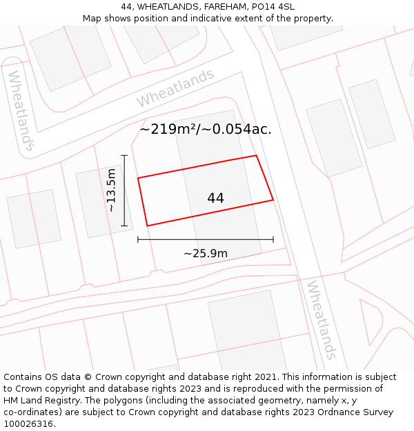 44, WHEATLANDS, FAREHAM, PO14 4SL: Plot and title map