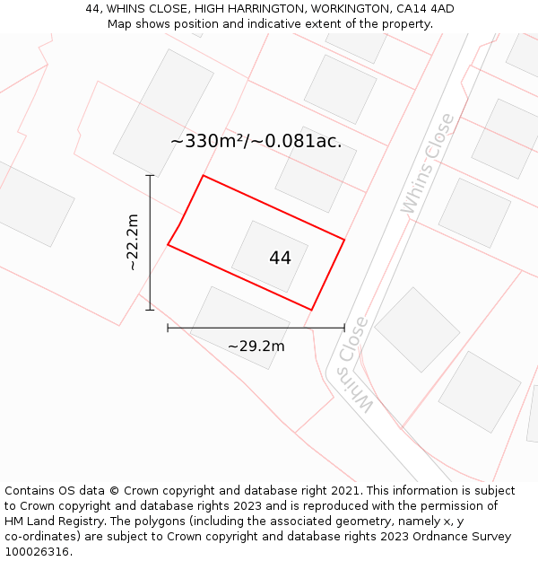 44, WHINS CLOSE, HIGH HARRINGTON, WORKINGTON, CA14 4AD: Plot and title map