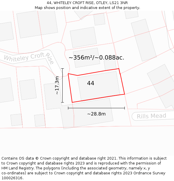 44, WHITELEY CROFT RISE, OTLEY, LS21 3NR: Plot and title map