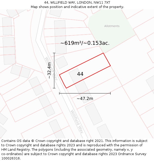 44, WILLIFIELD WAY, LONDON, NW11 7XT: Plot and title map