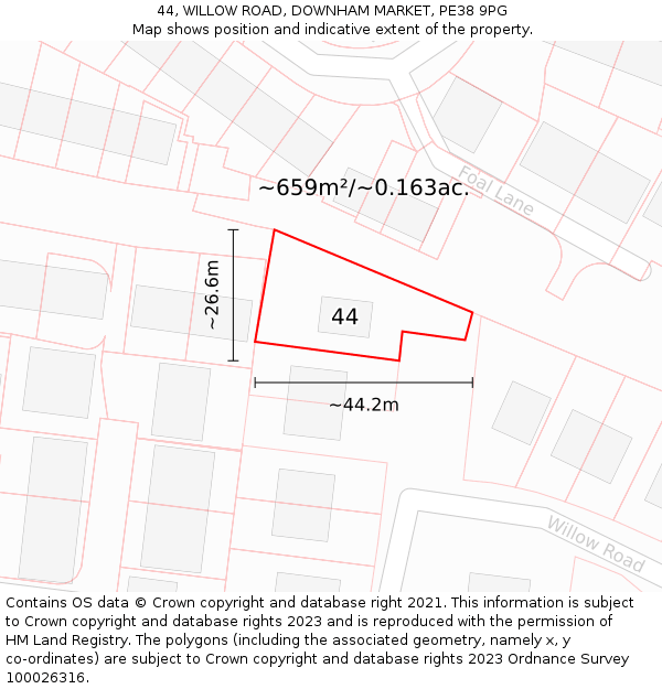 44, WILLOW ROAD, DOWNHAM MARKET, PE38 9PG: Plot and title map