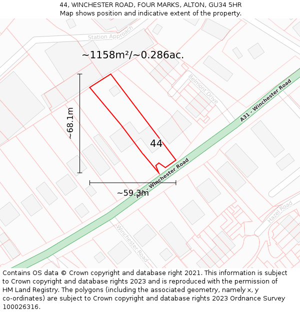 44, WINCHESTER ROAD, FOUR MARKS, ALTON, GU34 5HR: Plot and title map