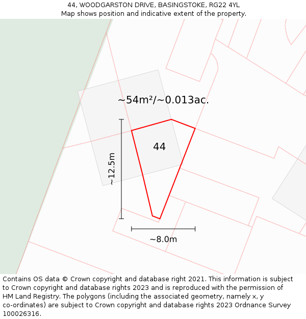 44, WOODGARSTON DRIVE, BASINGSTOKE, RG22 4YL: Plot and title map