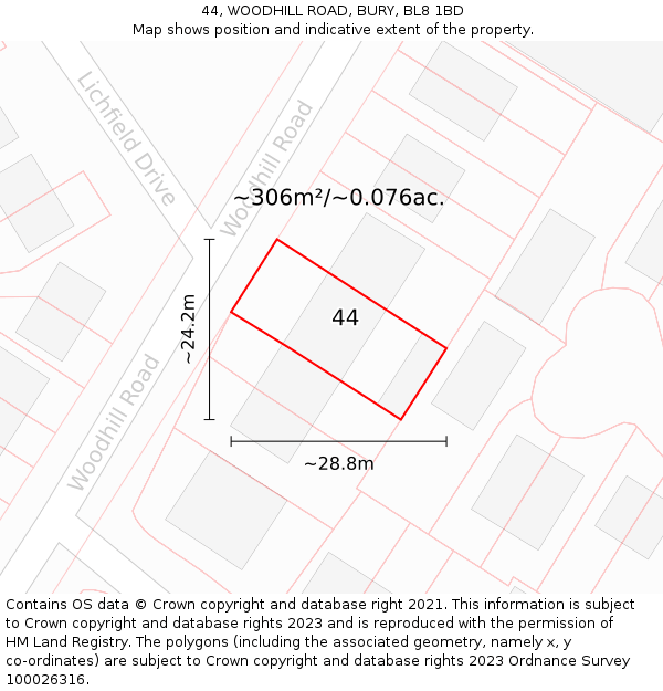 44, WOODHILL ROAD, BURY, BL8 1BD: Plot and title map