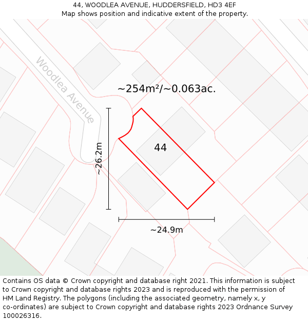 44, WOODLEA AVENUE, HUDDERSFIELD, HD3 4EF: Plot and title map