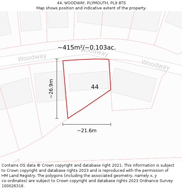 44, WOODWAY, PLYMOUTH, PL9 8TS: Plot and title map