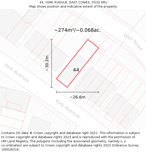 44, YORK AVENUE, EAST COWES, PO32 6RU: Plot and title map