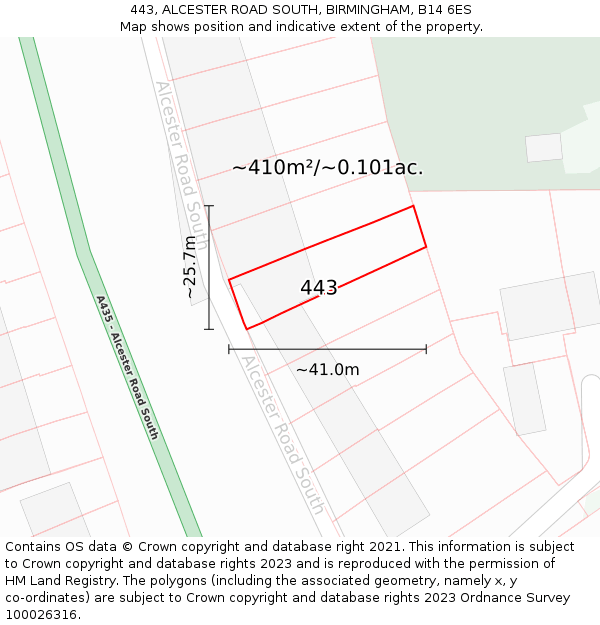 443, ALCESTER ROAD SOUTH, BIRMINGHAM, B14 6ES: Plot and title map