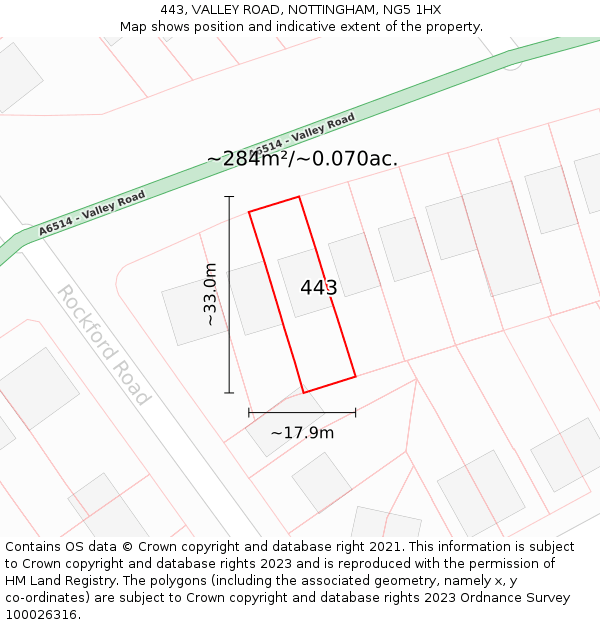 443, VALLEY ROAD, NOTTINGHAM, NG5 1HX: Plot and title map