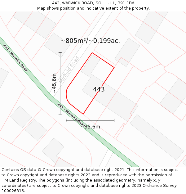 443, WARWICK ROAD, SOLIHULL, B91 1BA: Plot and title map