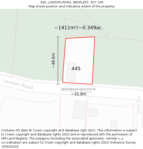 445, LONDON ROAD, BENFLEET, SS7 1AP: Plot and title map