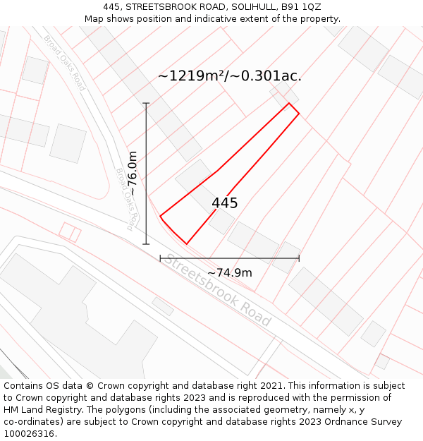 445, STREETSBROOK ROAD, SOLIHULL, B91 1QZ: Plot and title map