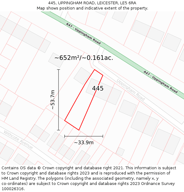 445, UPPINGHAM ROAD, LEICESTER, LE5 6RA: Plot and title map