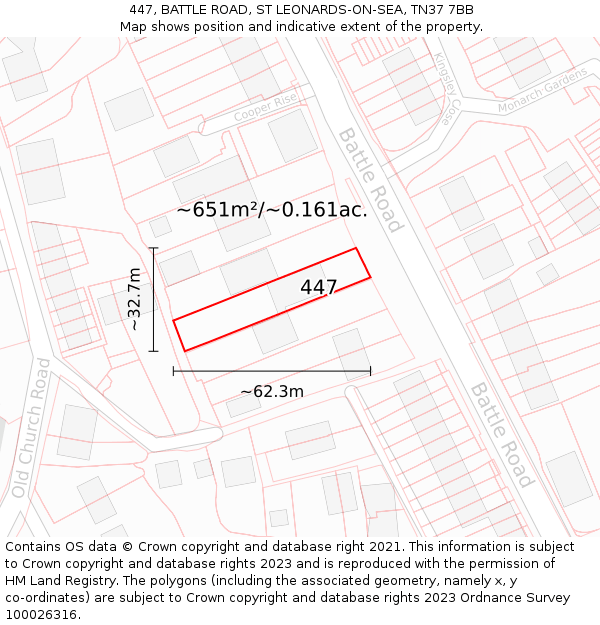 447, BATTLE ROAD, ST LEONARDS-ON-SEA, TN37 7BB: Plot and title map