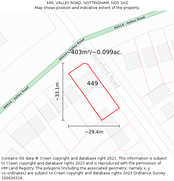 449, VALLEY ROAD, NOTTINGHAM, NG5 1HZ: Plot and title map