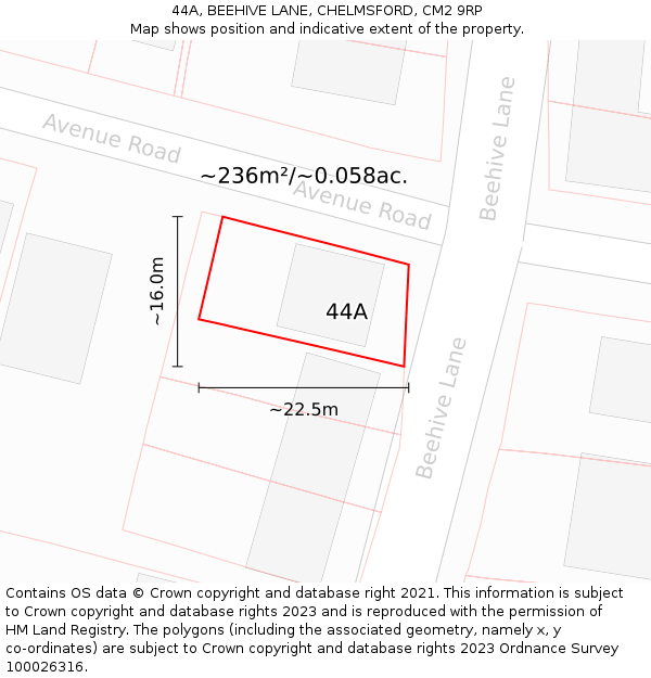 44A, BEEHIVE LANE, CHELMSFORD, CM2 9RP: Plot and title map