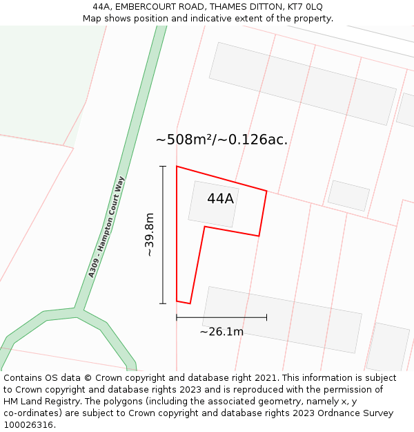 44A, EMBERCOURT ROAD, THAMES DITTON, KT7 0LQ: Plot and title map