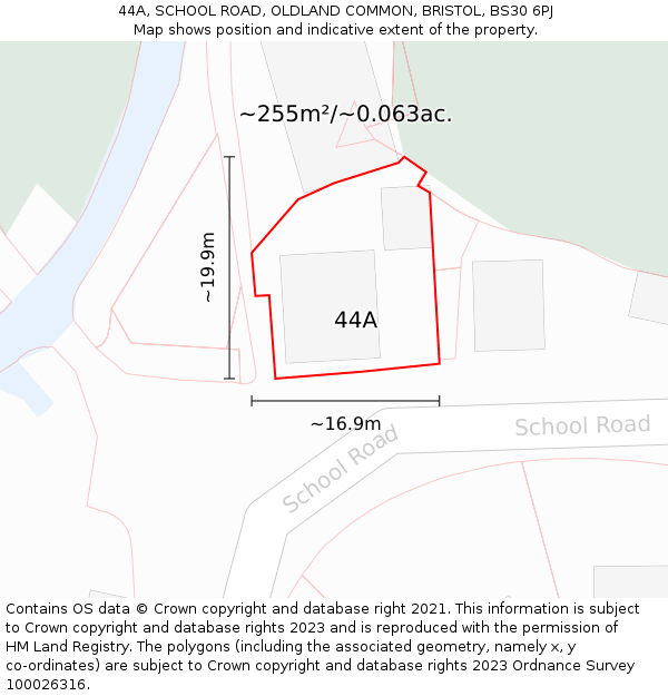 44A, SCHOOL ROAD, OLDLAND COMMON, BRISTOL, BS30 6PJ: Plot and title map