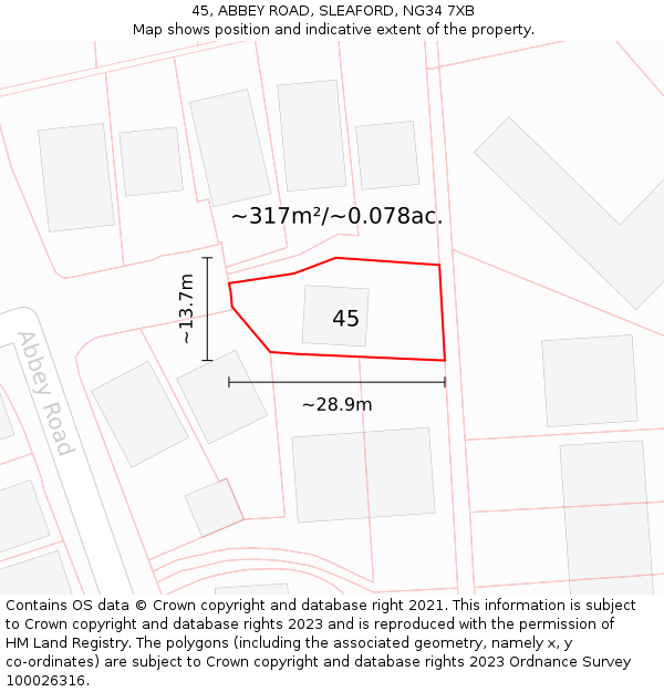 45, ABBEY ROAD, SLEAFORD, NG34 7XB: Plot and title map