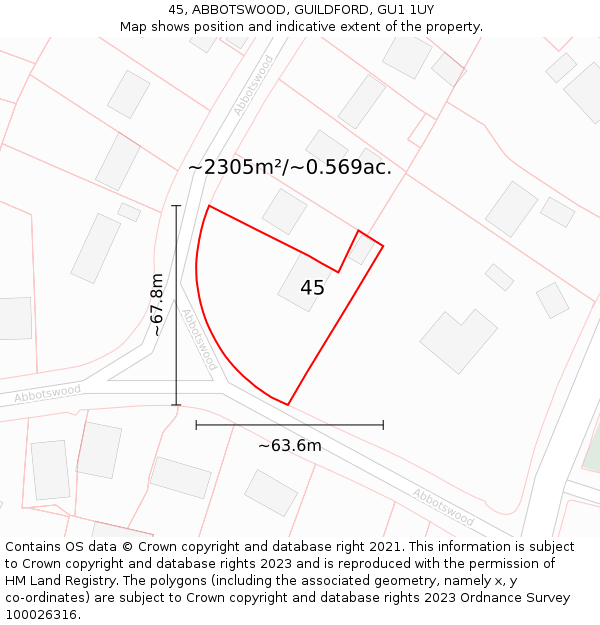 45, ABBOTSWOOD, GUILDFORD, GU1 1UY: Plot and title map
