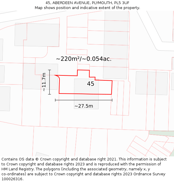 45, ABERDEEN AVENUE, PLYMOUTH, PL5 3UF: Plot and title map