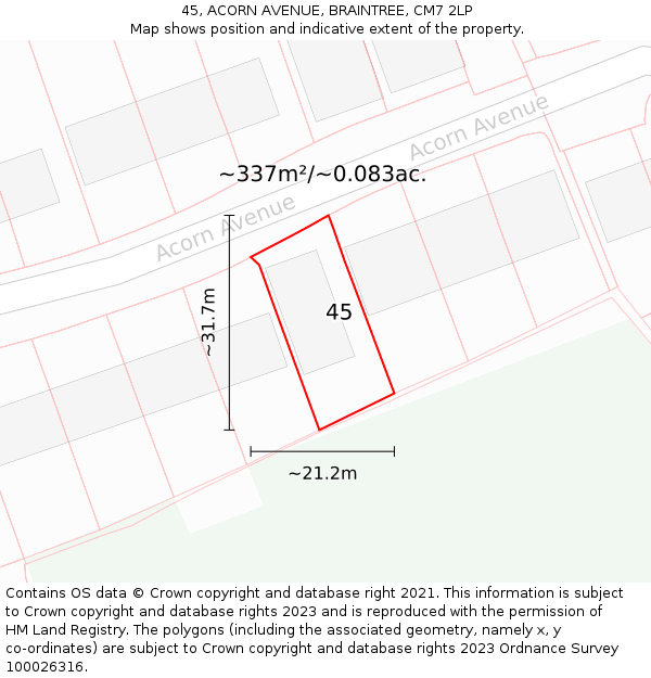 45, ACORN AVENUE, BRAINTREE, CM7 2LP: Plot and title map