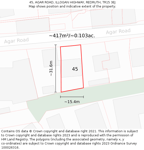 45, AGAR ROAD, ILLOGAN HIGHWAY, REDRUTH, TR15 3EJ: Plot and title map