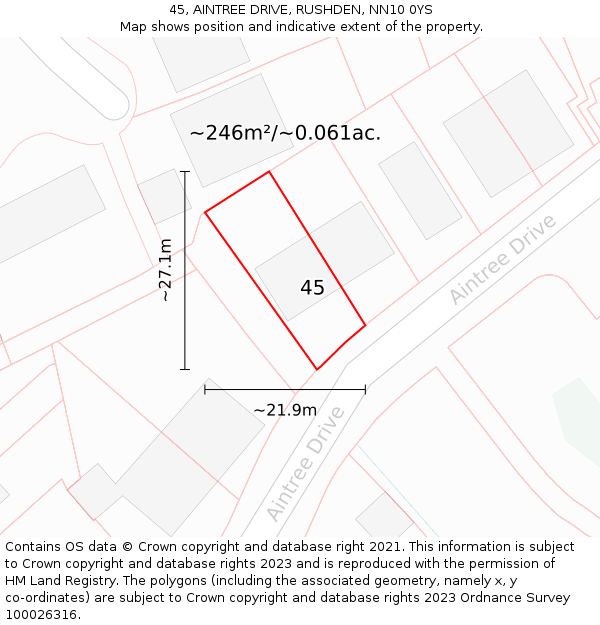 45, AINTREE DRIVE, RUSHDEN, NN10 0YS: Plot and title map